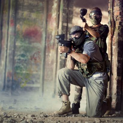 Berlin stag group on indoor paintball activity